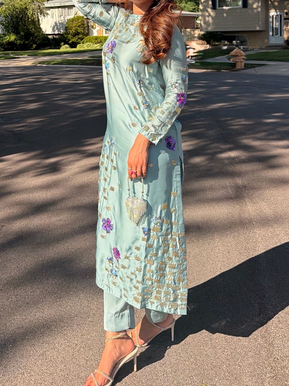 Elegant Light Blue Embellished  Women's Dress